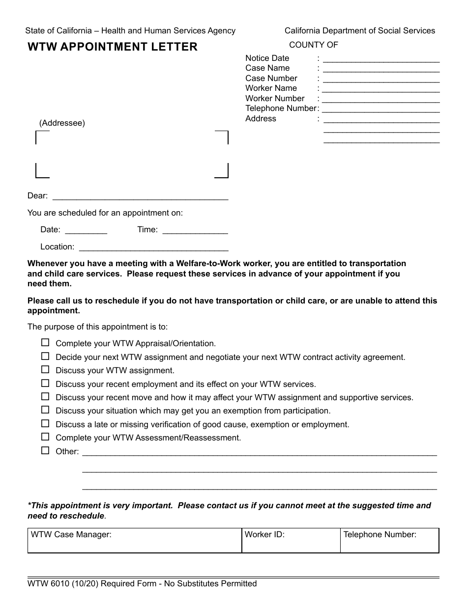 Form WTW6010 Wtw Appointment Letter - California, Page 1