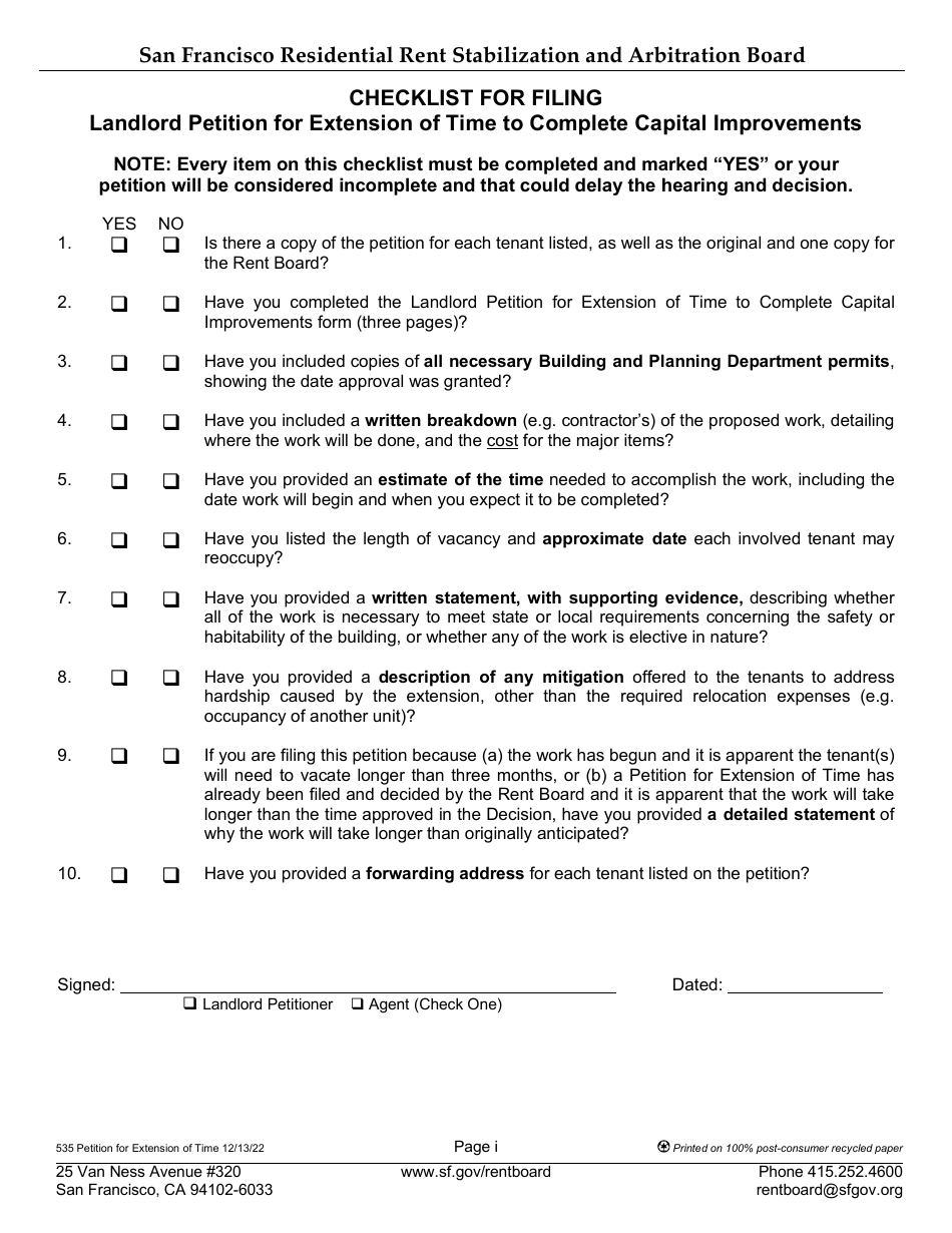 Form 535 Landlord Petition for Extension of Time to Complete Capital Improvements - City and County of San Francisco, California, Page 1