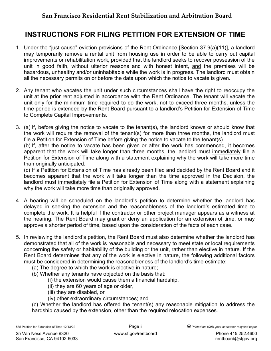 Form 535 Landlord Petition for Extension of Time to Complete Capital Improvements - City and County of San Francisco, California, Page 2