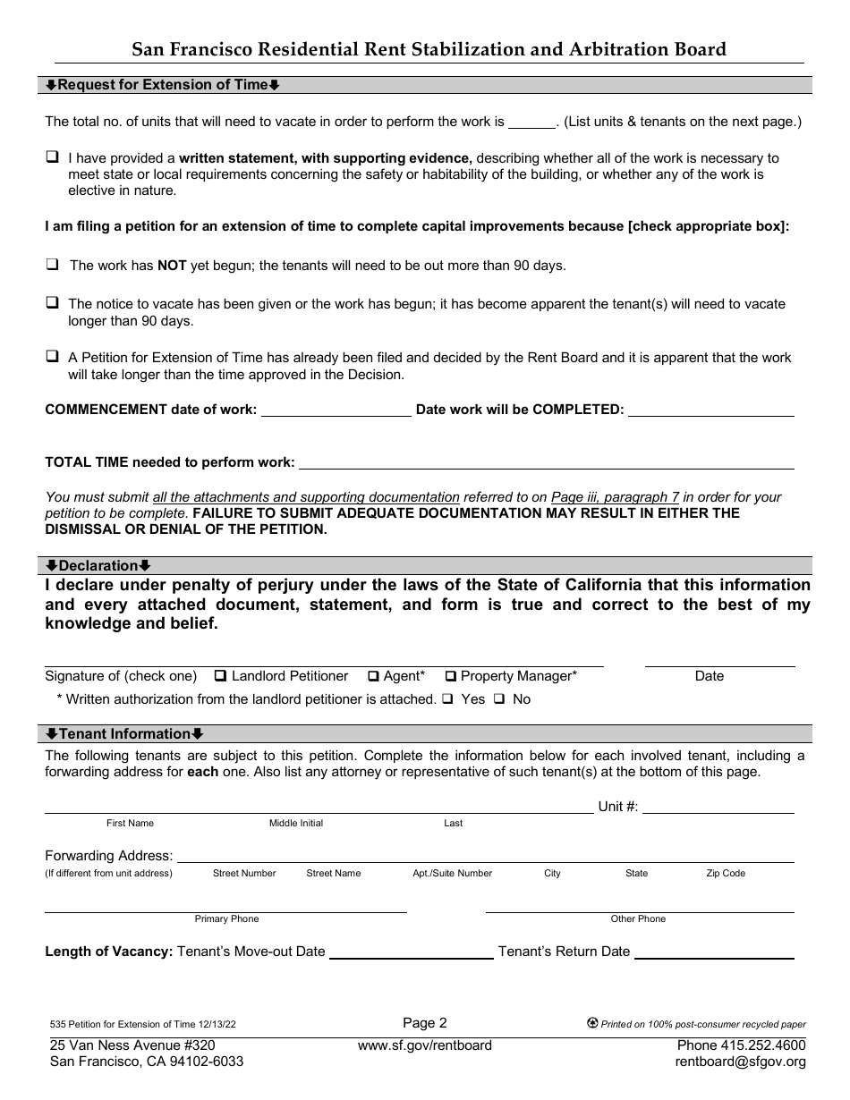 Form 535 Landlord Petition for Extension of Time to Complete Capital Improvements - City and County of San Francisco, California, Page 5