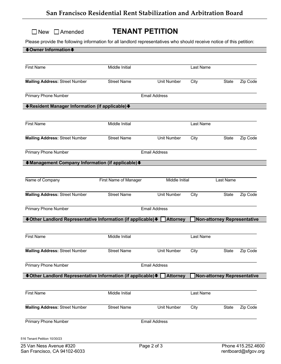 Form 516A Tenant Petition - Decrease in Housing Services - City and County of San Francisco, California, Page 2