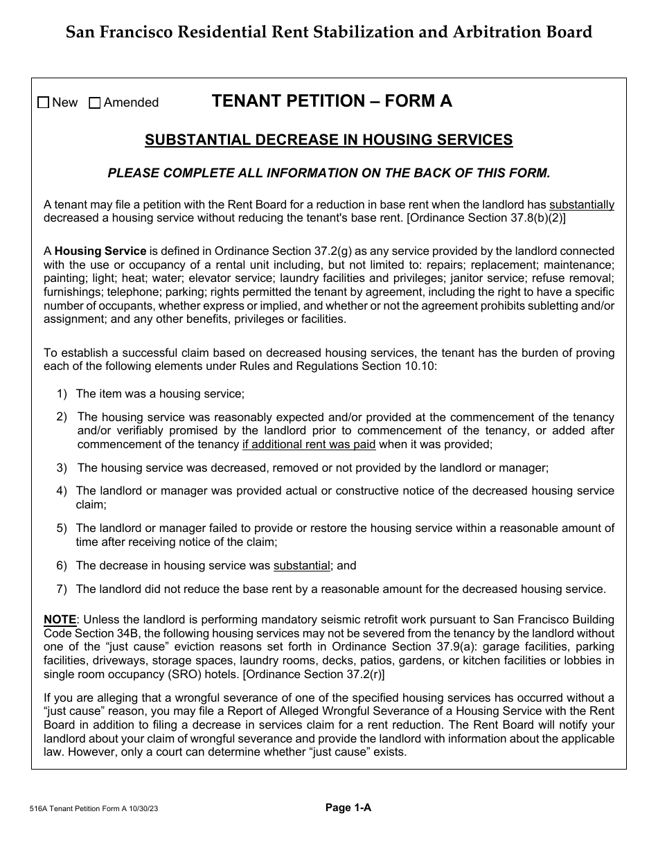 Form 516A Tenant Petition - Decrease in Housing Services - City and County of San Francisco, California, Page 4