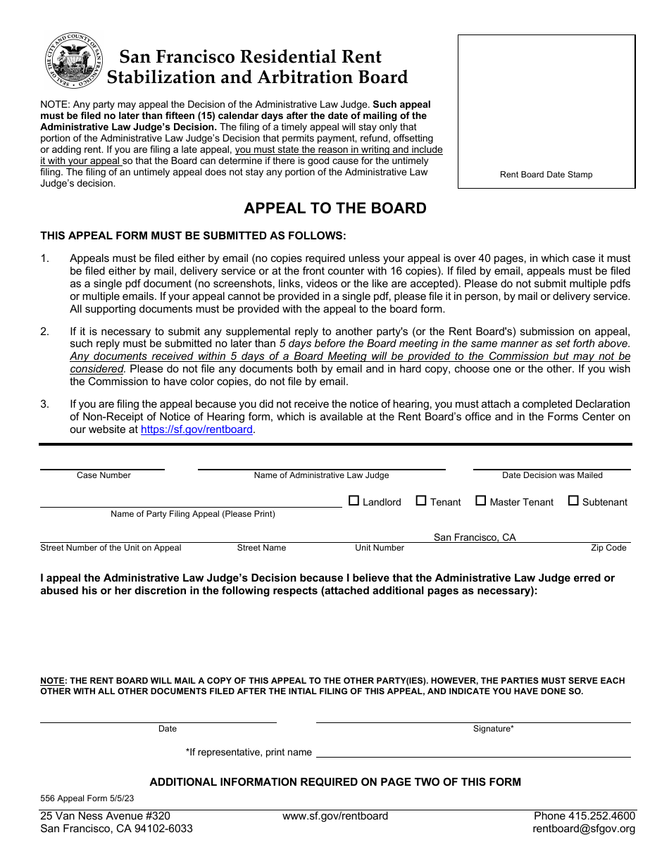 Form 556 Appeal to the Board - City and County of San Francisco, California, Page 1