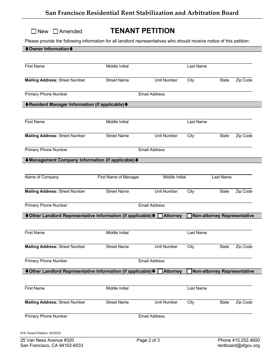 Form 516B Tenant Petition - Failure to Repair and Maintain - City and County of San Francisco, California, Page 2
