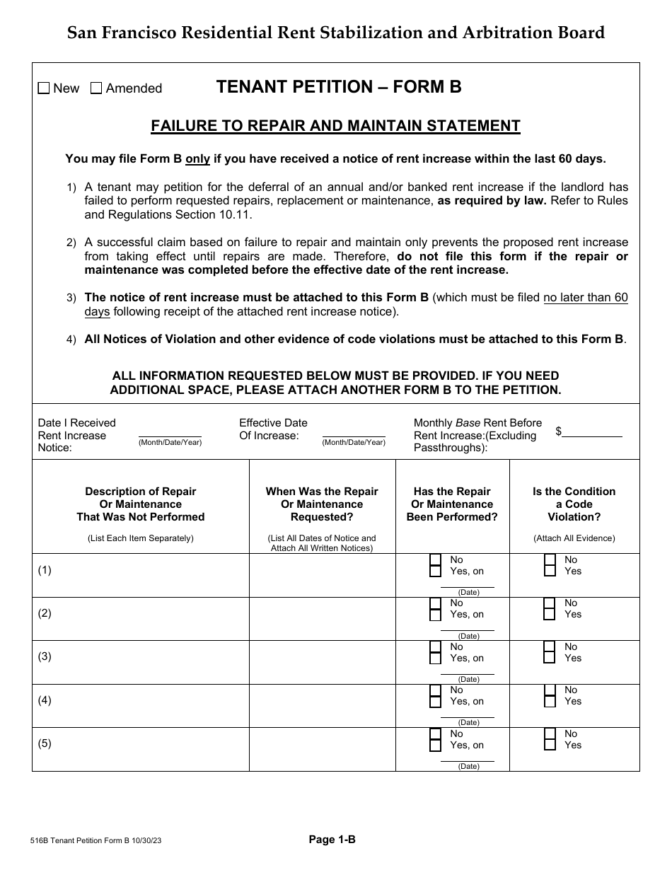 Form 516B Tenant Petition - Failure to Repair and Maintain - City and County of San Francisco, California, Page 4