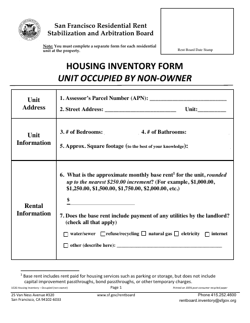 Form 1026 Housing Inventory Form - Unit Occupied by Non-owner - City and County of San Francisco, California