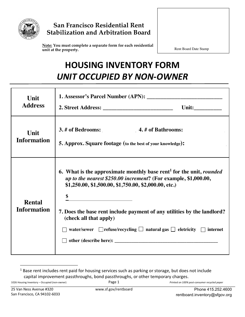 Form 1026 Housing Inventory Form - Unit Occupied by Non-owner - City and County of San Francisco, California, Page 1