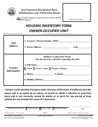 Document preview: Form 1025 Housing Inventory Form - Owner-Occupied Unit - City and County of San Francisco, California