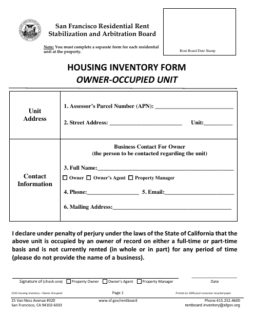 Form 1025 Housing Inventory Form - Owner-Occupied Unit - City and County of San Francisco, California