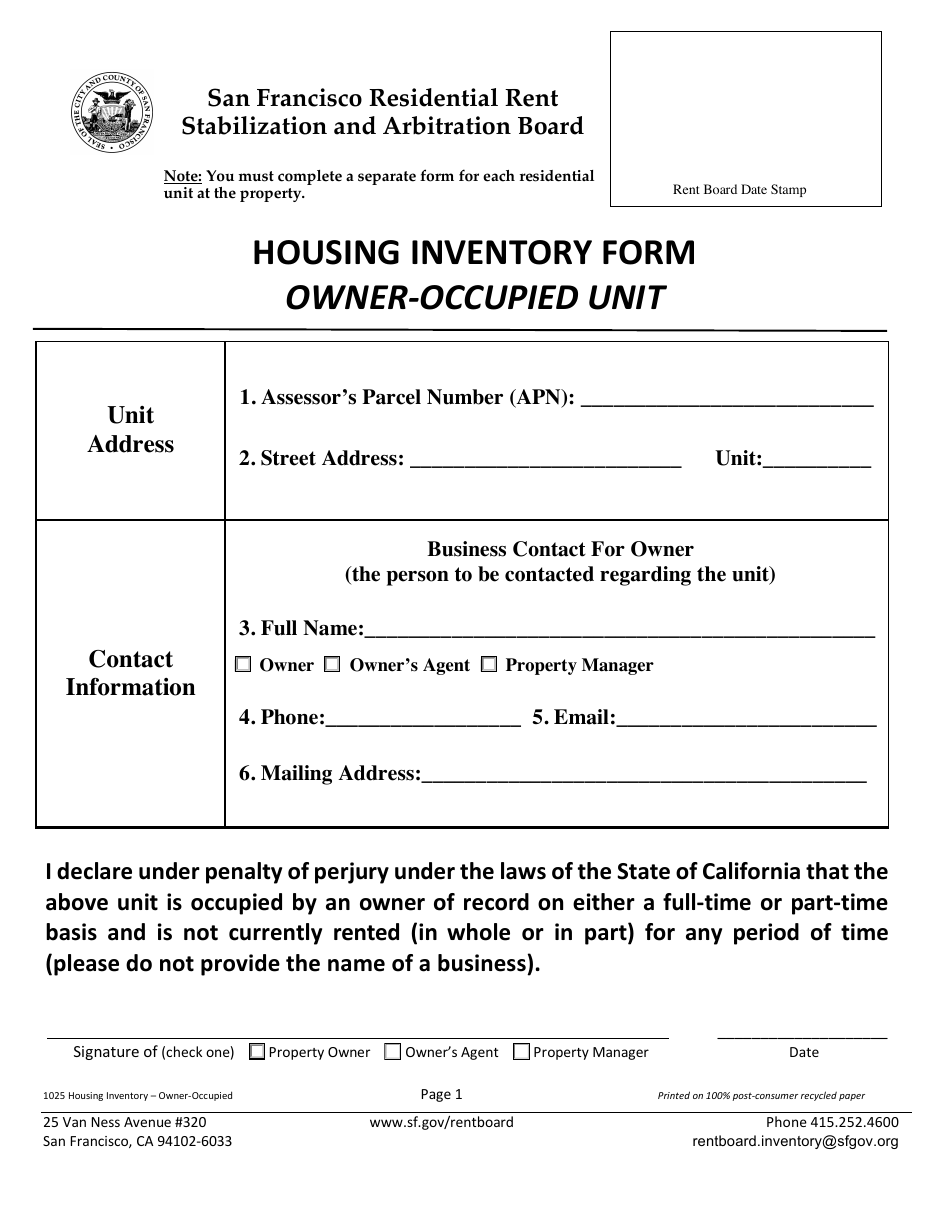 Form 1025 Housing Inventory Form - Owner-Occupied Unit - City and County of San Francisco, California, Page 1