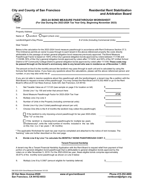 Form 538 Bond Measure Passthrough Worksheet - City and County of San Francisco, California, 2024