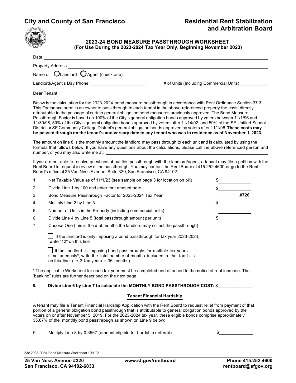 Form 538 Bond Measure Passthrough Worksheet - City and County of San Francisco, California, Page 1