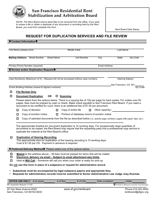 Form 587 Request for Duplication Services and File Review - City and County of San Francisco, California