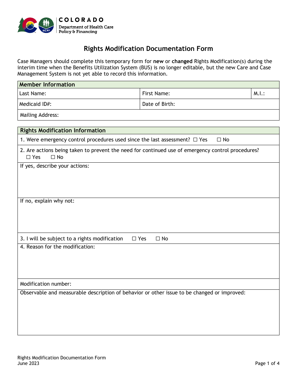 Rights Modification Documentation Form - Colorado, Page 1