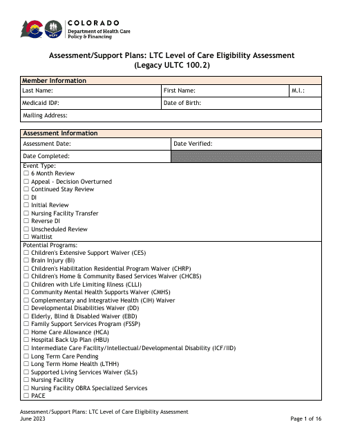 Assessment / Support Plans: Ltc Level of Care Eligibility Assessment (Legacy Ultc 100.2) - Colorado Download Pdf