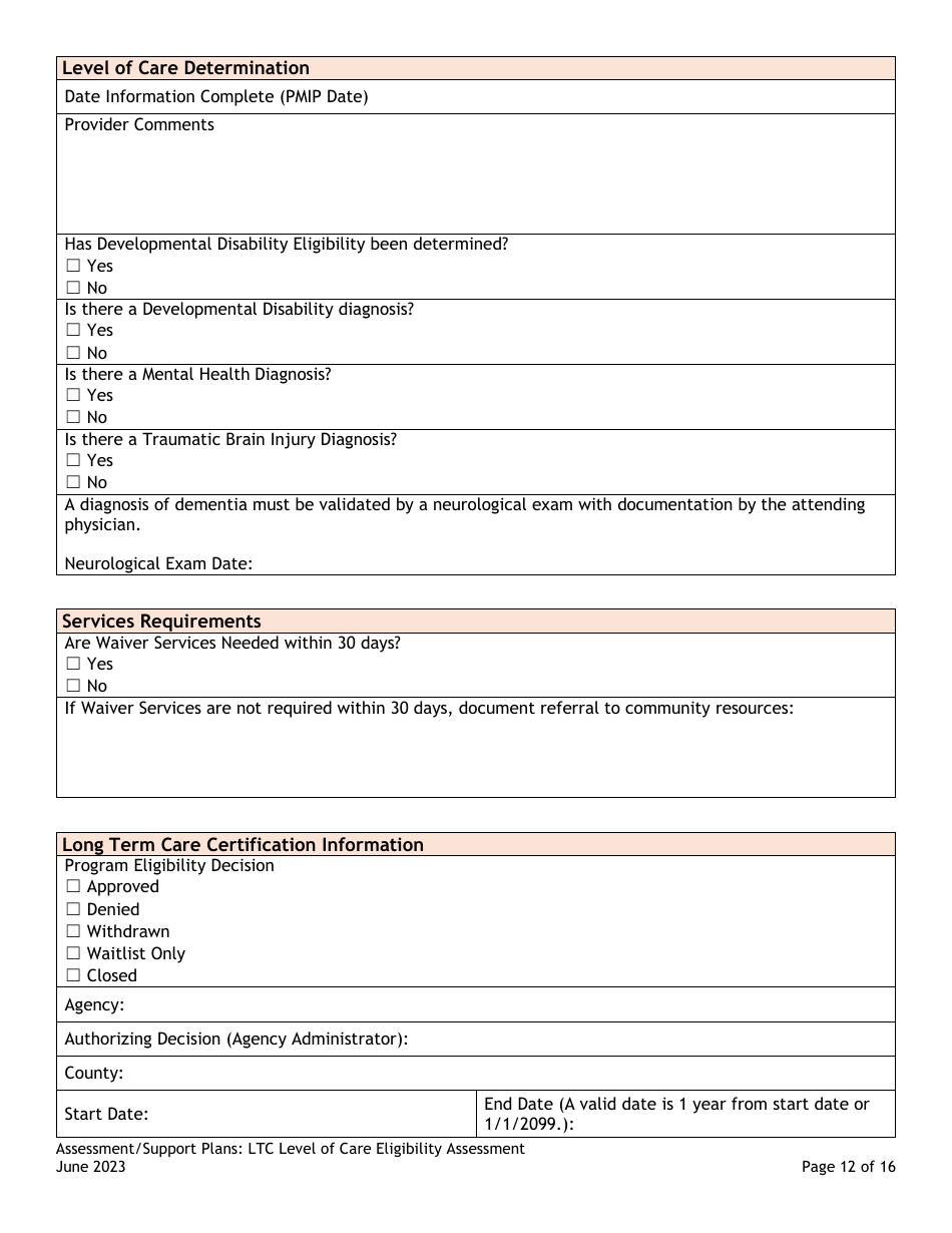 Colorado Assessment/Support Plans: Ltc Level of Care Eligibility ...