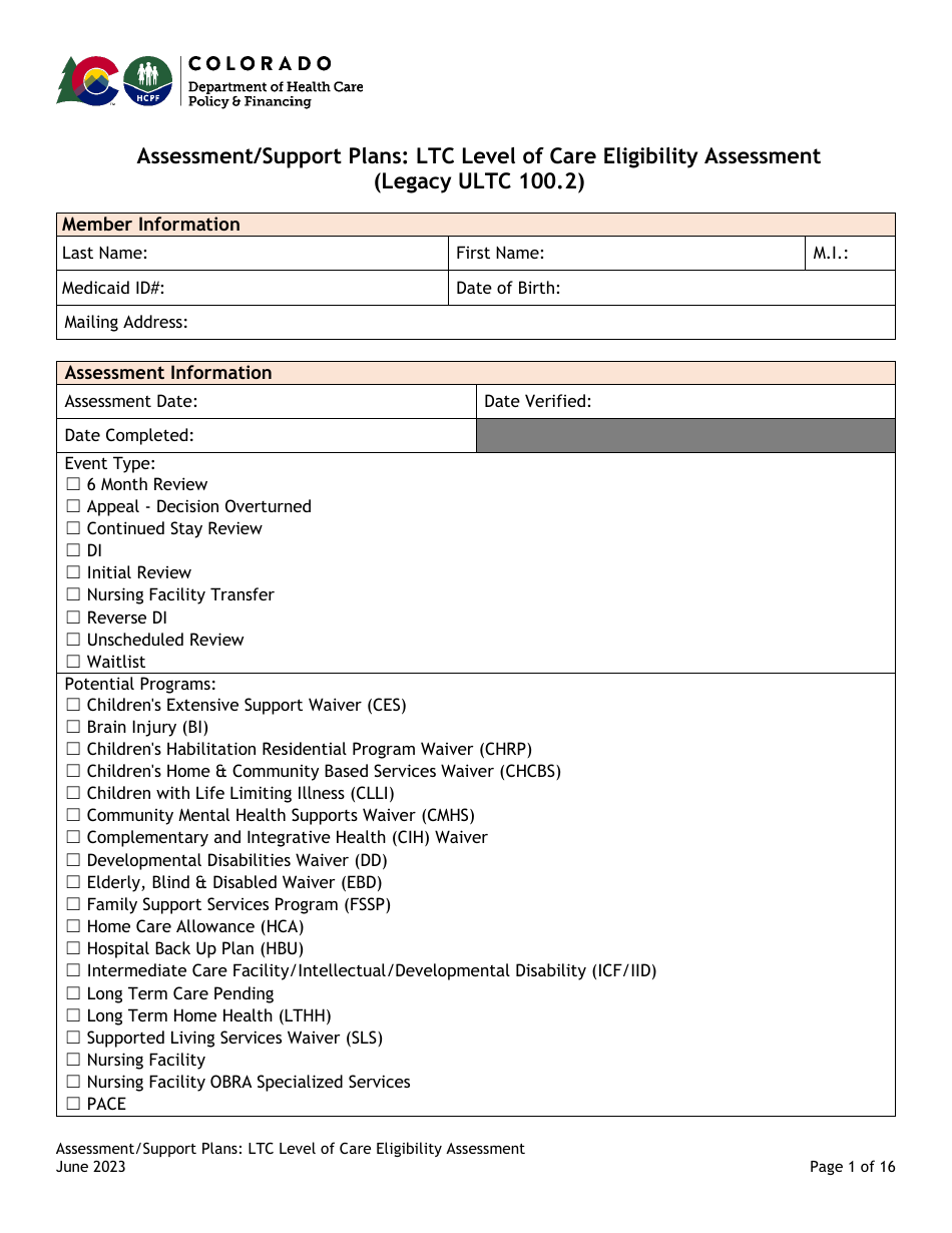 Assessment / Support Plans: Ltc Level of Care Eligibility Assessment (Legacy Ultc 100.2) - Colorado, Page 1