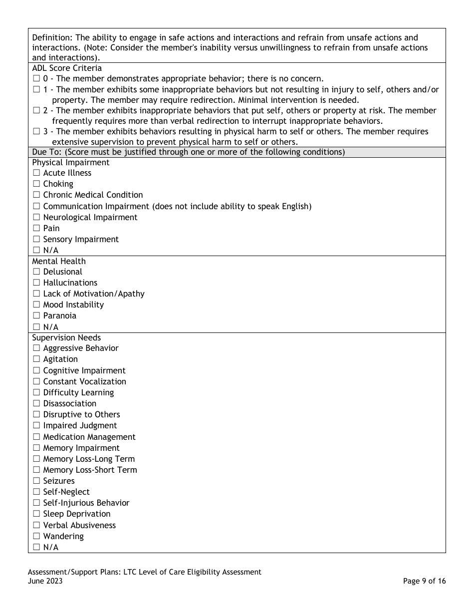 Assessment / Support Plans: Ltc Level of Care Eligibility Assessment (Legacy Ultc 100.2) - Colorado, Page 9