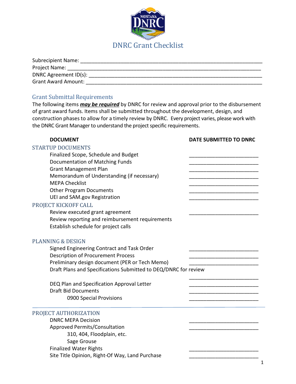Dnrc Grant Checklist - Montana, Page 1
