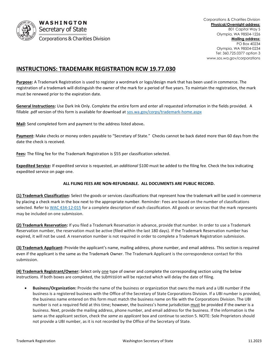 Trademark Registration - Washington, Page 1