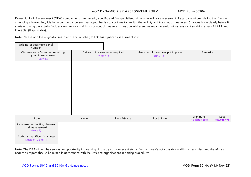 MOD Form 5010A Mod Dynamic Risk Assessment Form - United Kingdom, Page 1