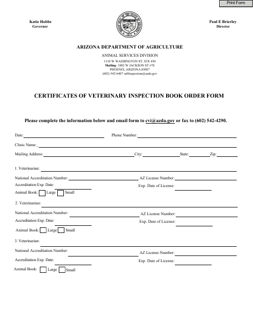 Certificates of Veterinary Inspection Book Order Form - Arizona Download Pdf
