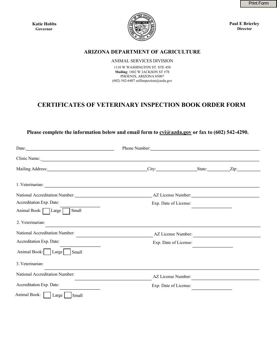 Certificates of Veterinary Inspection Book Order Form - Arizona, Page 1