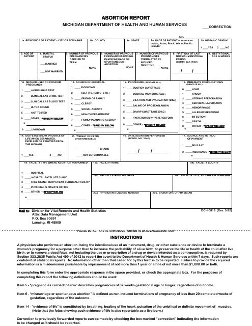 Form DCH-0819 Abortion Report - Michigan