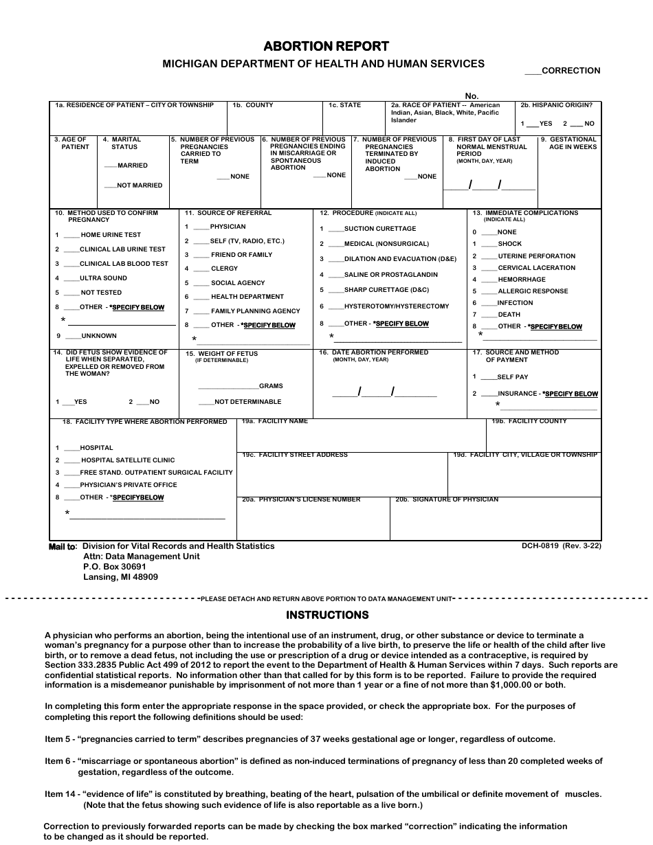 Form DCH-0819 Download Printable PDF or Fill Online Abortion Report ...