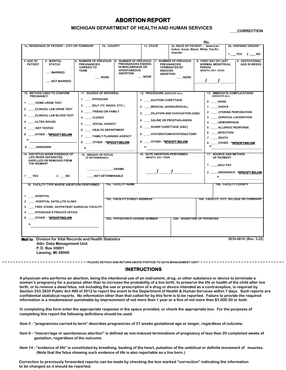 Form DCH-0819 Abortion Report - Michigan, Page 1