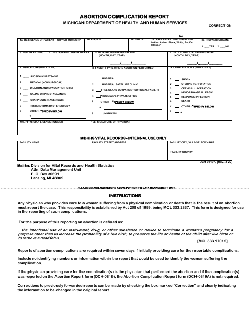 Form DCH-0819A Abortion Complication Report - Michigan