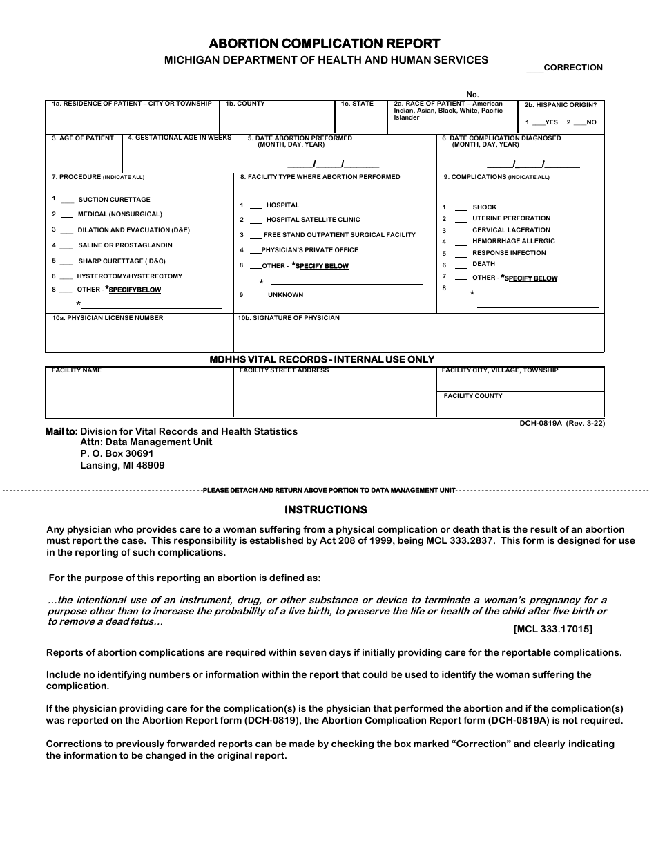 Form DCH-0819A Abortion Complication Report - Michigan, Page 1
