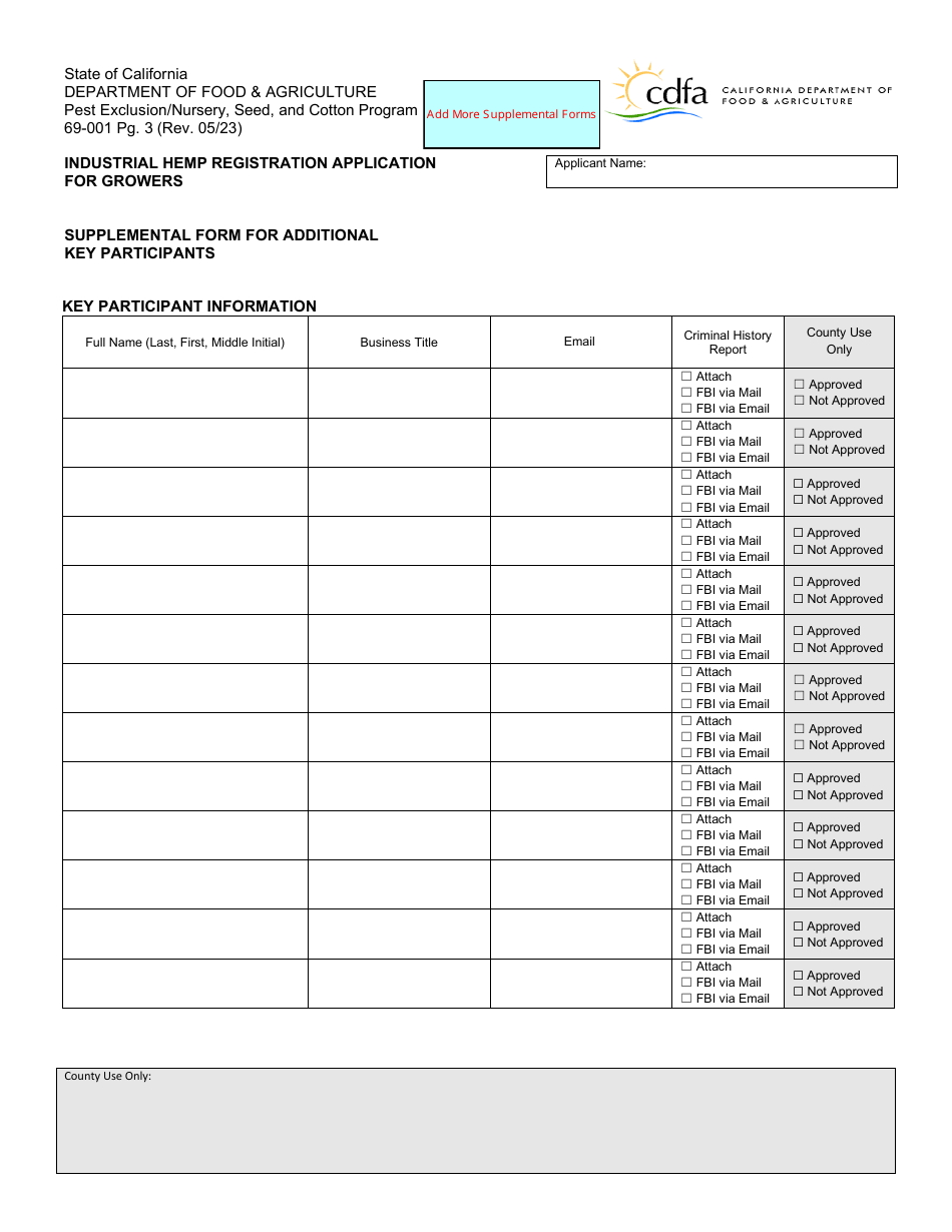 Form 69-001 Industrial Hemp Registration Application for Growers - California, Page 3