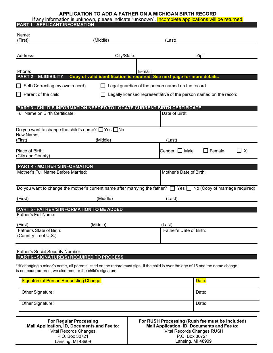 Form DCH-0848-CHGBX Application to Add a Father on a Michigan Birth Record - Michigan, Page 1