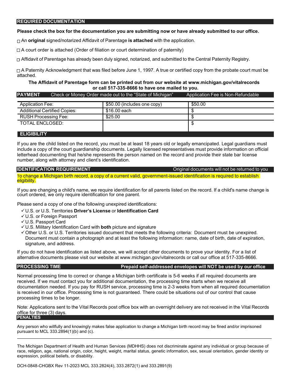 Form DCH-0848-CHGBX Application to Add a Father on a Michigan Birth Record - Michigan, Page 2