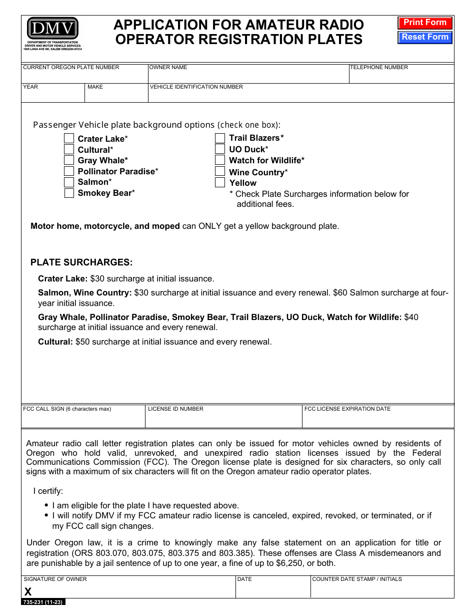 Form 735-231 Application for Amateur Radio Operator Registration Plates - Oregon, Page 1