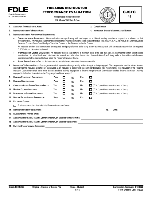 Form CJSTC-4I Firearms Instructor Performance Evaluation - Florida