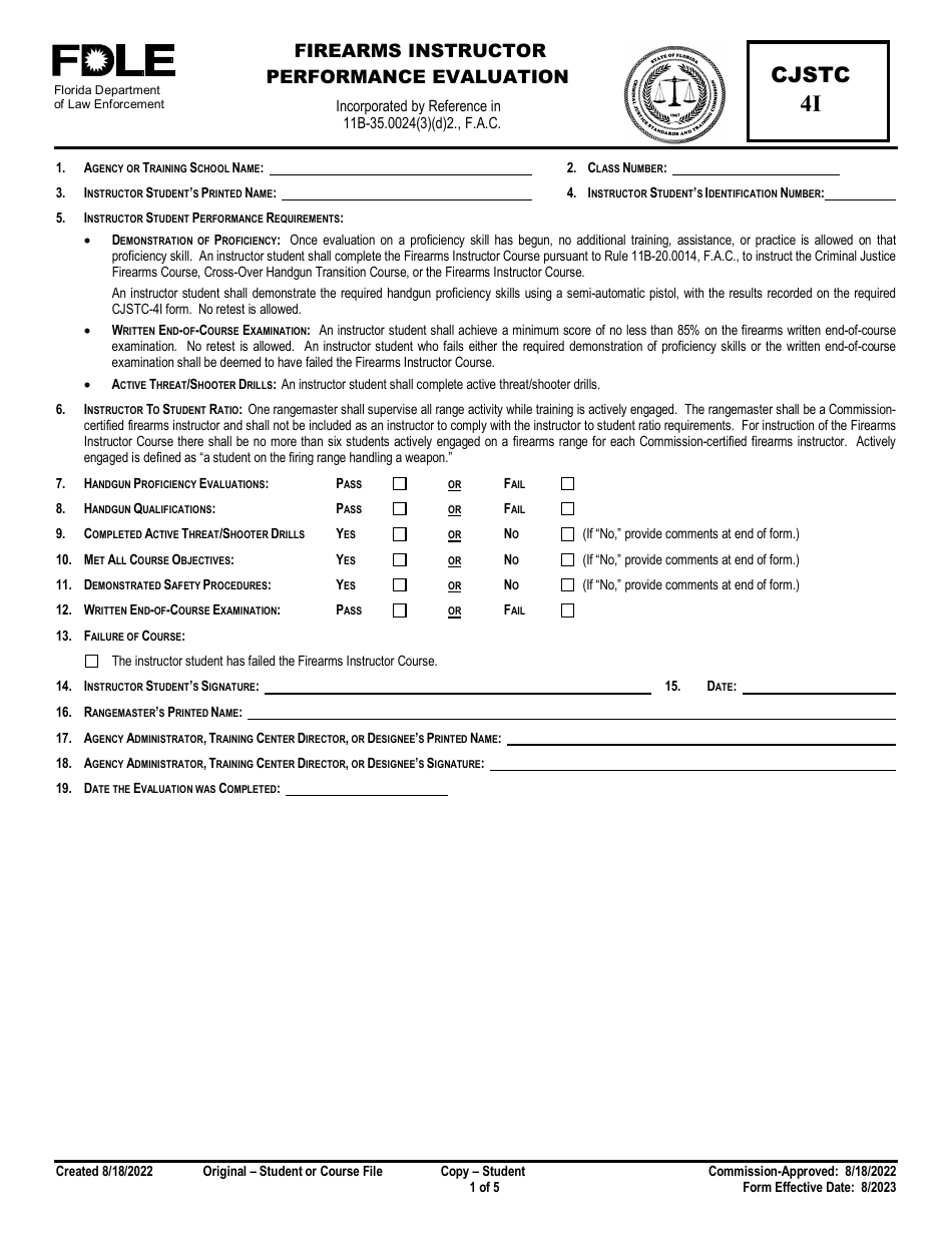 Form CJSTC-4I Firearms Instructor Performance Evaluation - Florida, Page 1