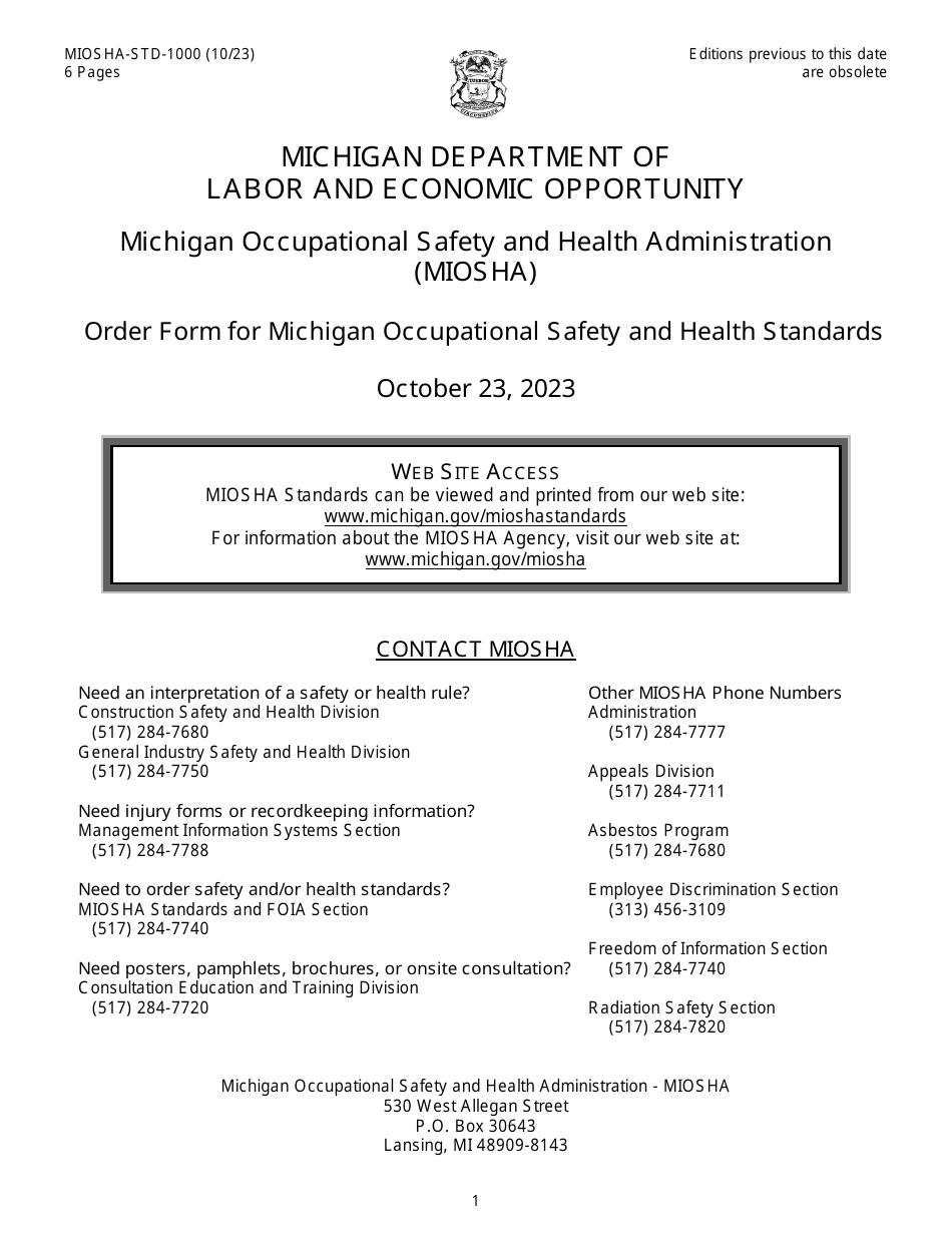 Form MIOSHA-STD-100 Order Form for Michigan Occupational Safety and Health Standards - Michigan, Page 1