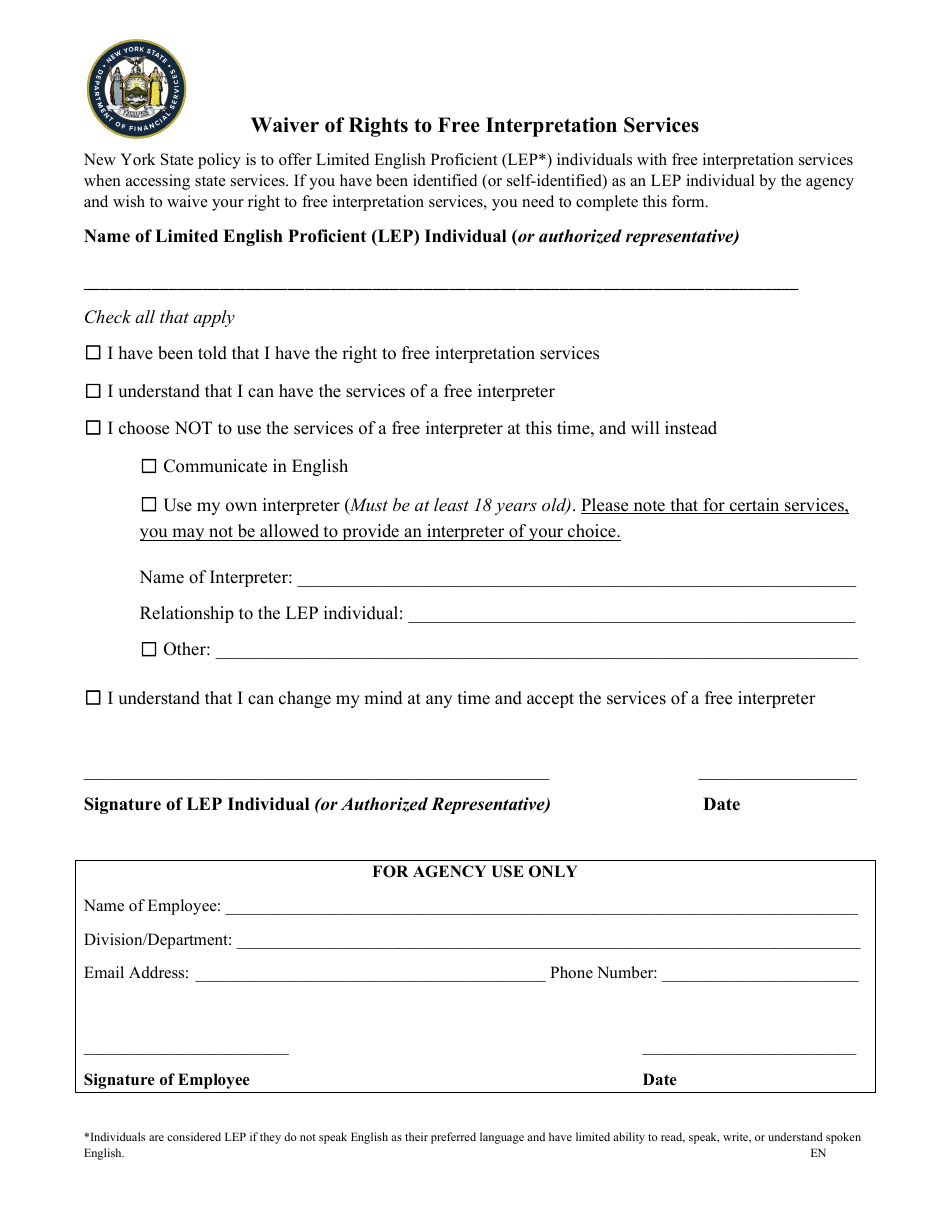 New York Waiver Of Rights To Free Interpretation Services Fill Out Sign Online And Download