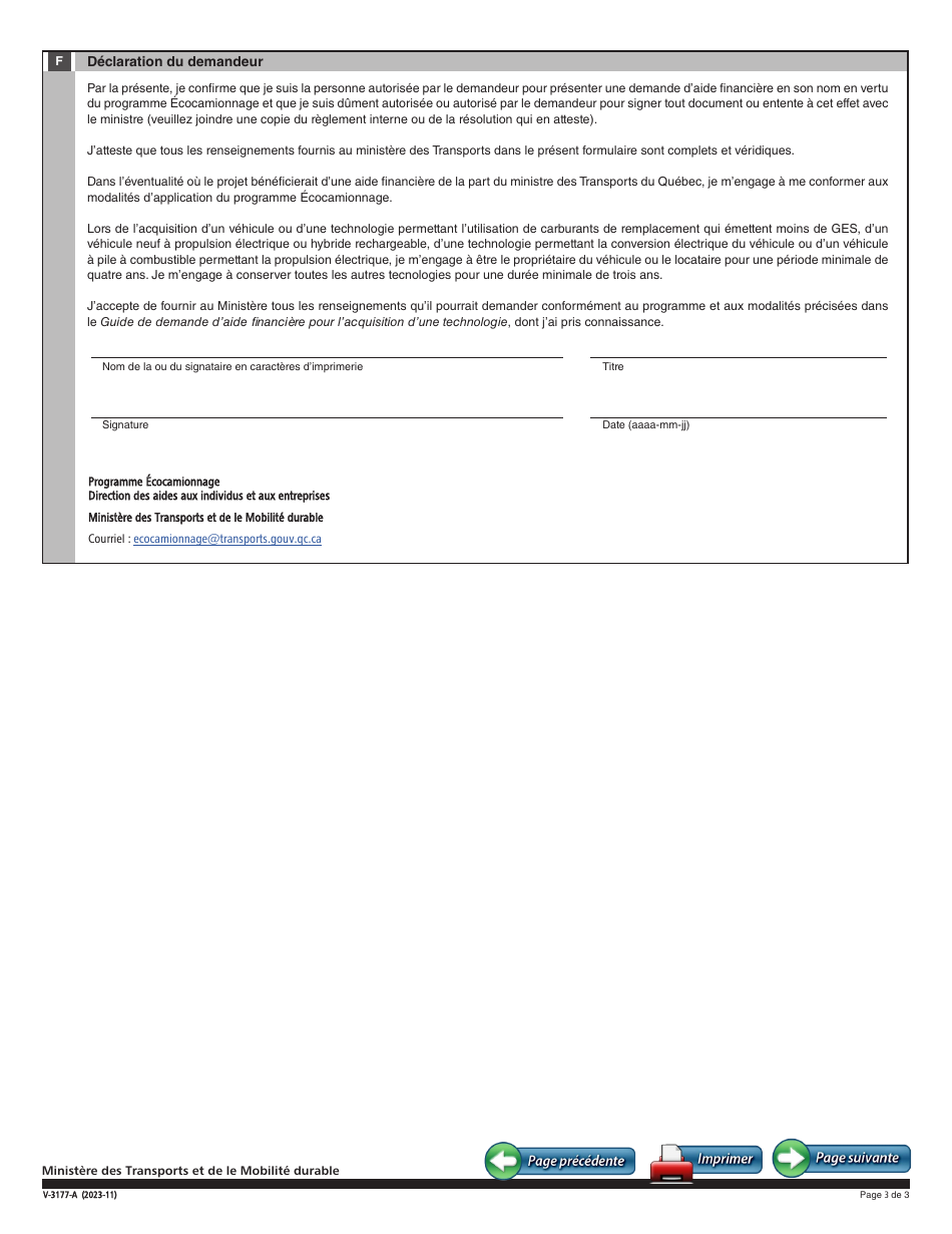 Form V-3177 Demande Daide Financiere Pour Lacquisition Dune Technologie - Programme Ecocamionnage - Quebec, Canada, Page 3