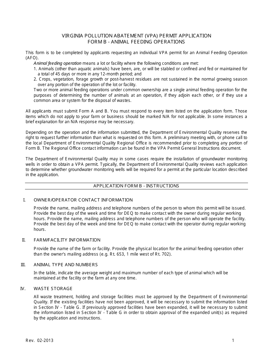 Form B Virginia Pollution Abatement Permit Application - Animal Feeding Operations (Afos) - Virginia, Page 2