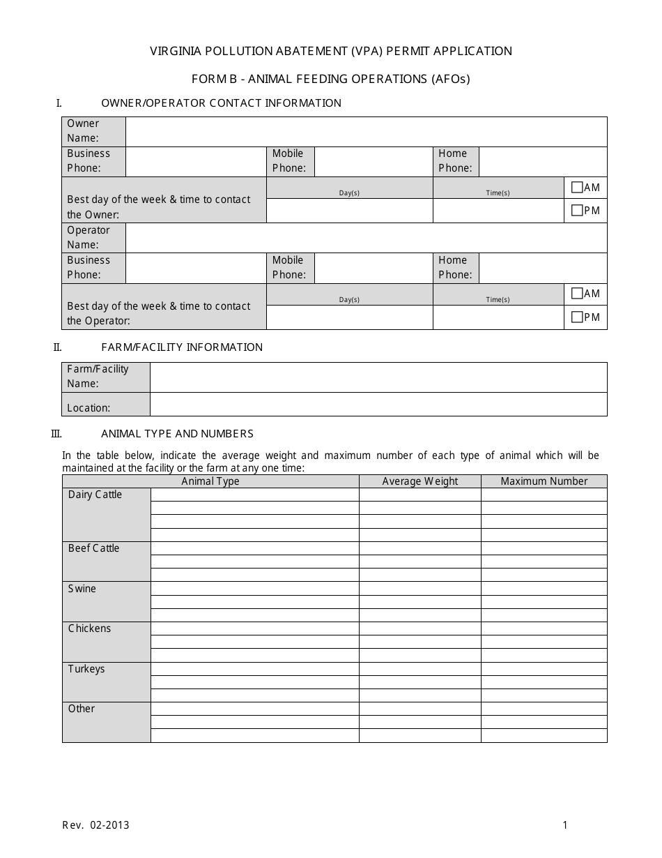 Form B Virginia Pollution Abatement Permit Application - Animal Feeding Operations (Afos) - Virginia, Page 8