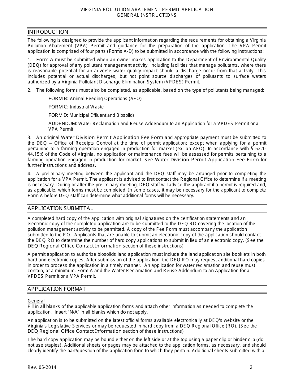 Virginia Pollution Abatement Permit Application General Instructions - Virginia, Page 2