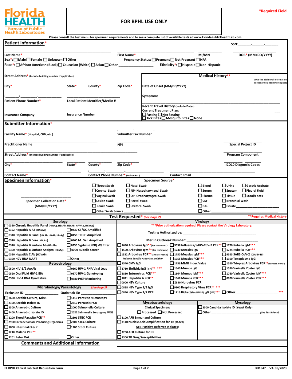 Form DH1847 Fl Bphl Clinical Lab Test Requisition Form - Florida, Page 1