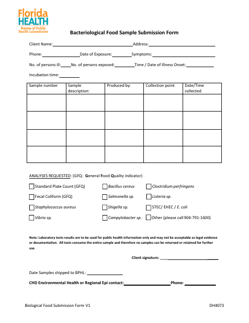 Form DH4073 Bacteriological Food Sample Submission Form - Florida
