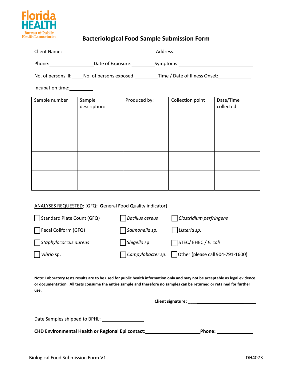 Form DH4073 Bacteriological Food Sample Submission Form - Florida, Page 1