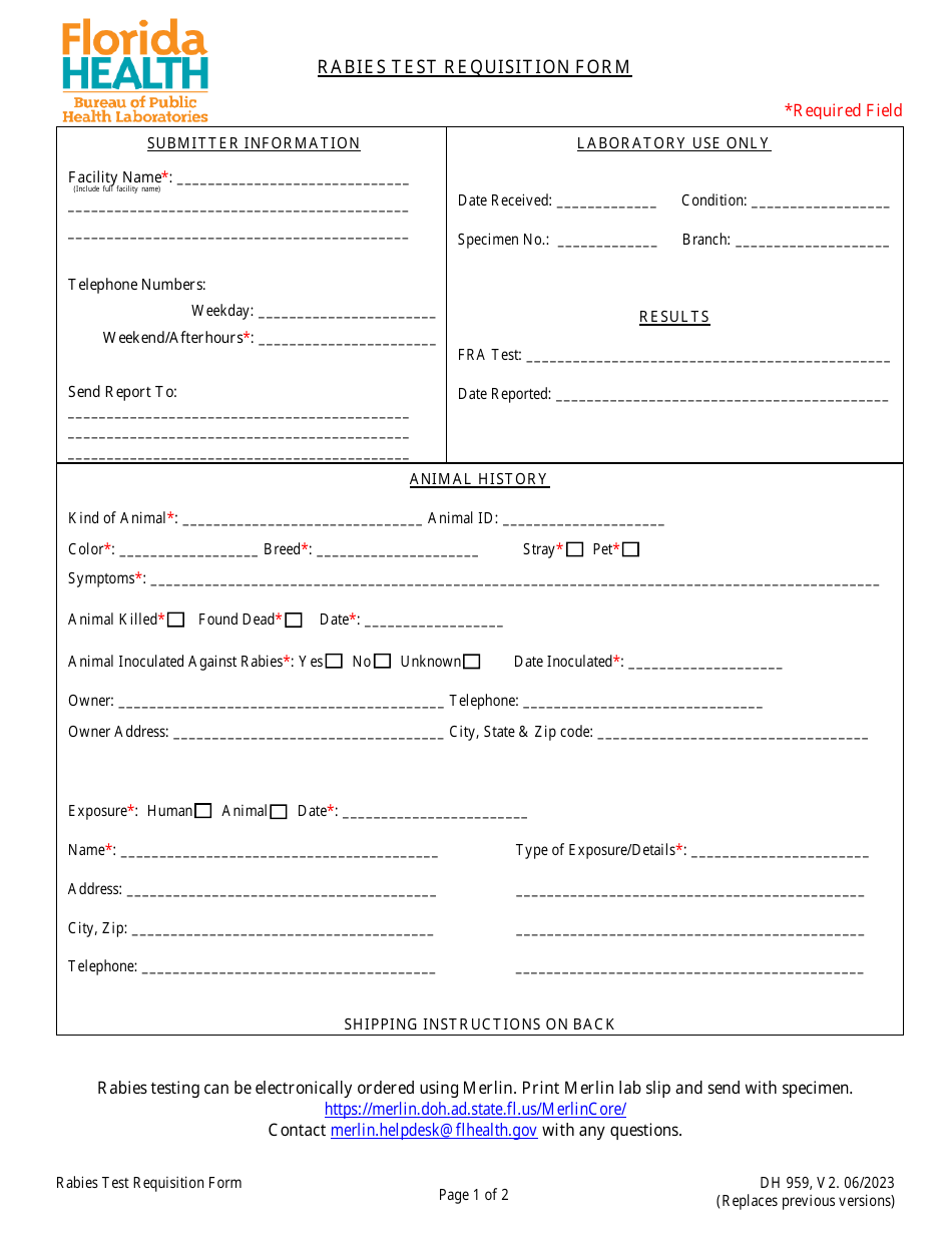 Form DH959 Rabies Test Requisition Form - Florida, Page 1