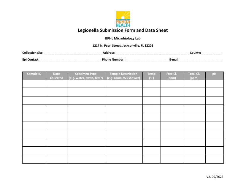 Legionella Submission Form and Data Sheet - Florida