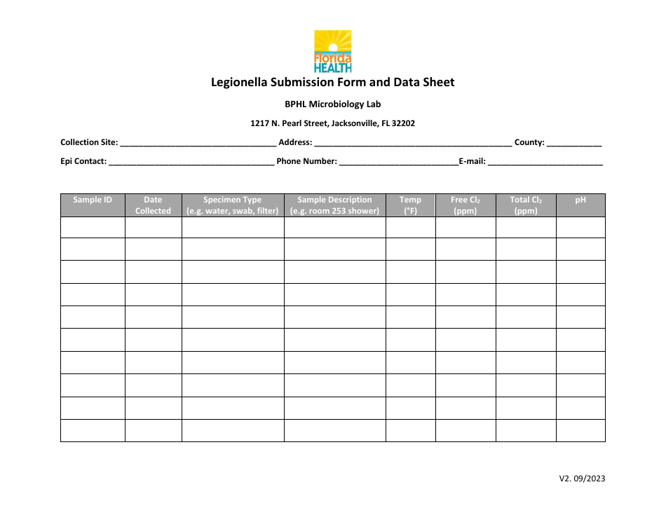 Legionella Submission Form and Data Sheet - Florida, Page 1